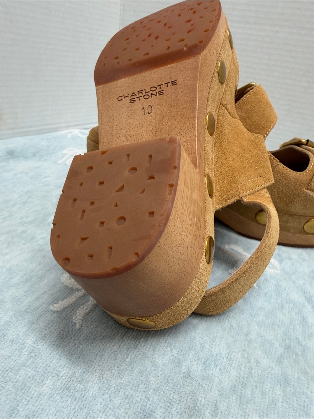 Charlotte Stone Tan Suede Buckle Platform Sandals - Picture 6 of 6
